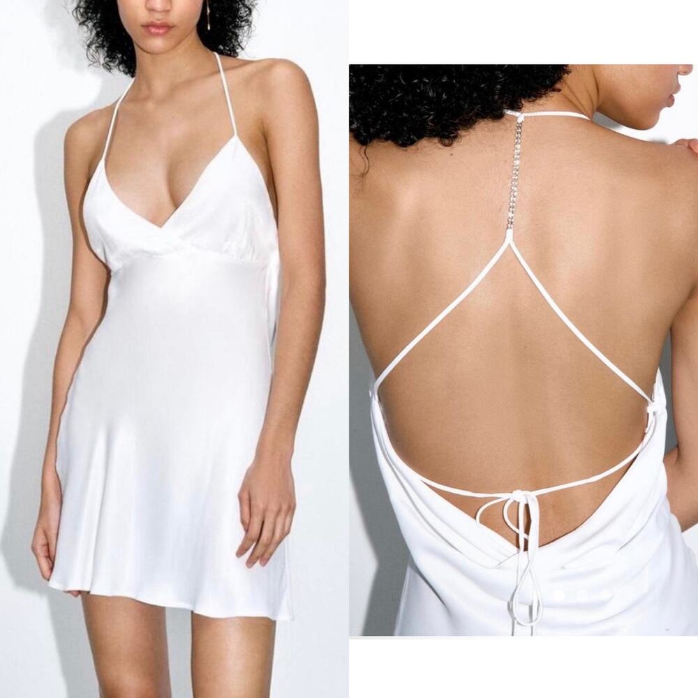 NWOT Zara White Matte Satin Babydoll Slip Dress XS Bridal Bachelorette Cocktail